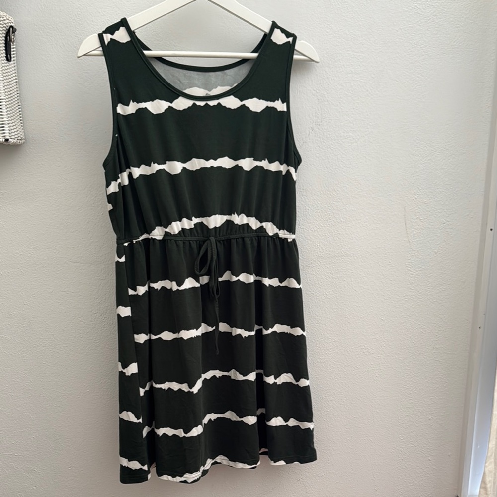 Dark Green and White Striped Sleeveless Dress